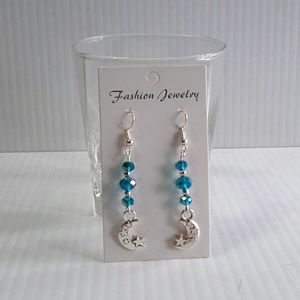 Hand CraftedEarringsPierced BlueRondelle-Moon&Star